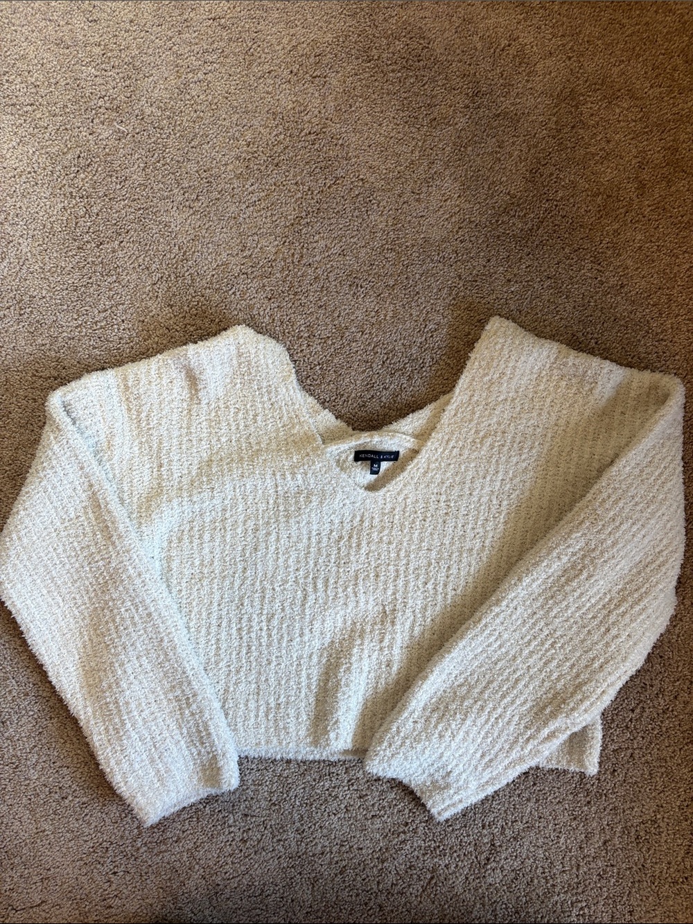 Kendall & Kylie Cream V-Neck Textured Sweater